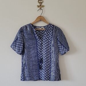 Soft Surroundings Blue Silver Stripe Short Sleeve Blouse Size XS